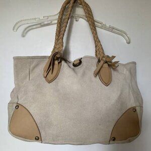 NEW! FALOR Taupe Suede Italian Leather Handbag with Tan Braided Straps Tote